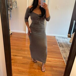 Arbor Brown/Gray Striped 3/4 Length Sleeves Button Front Long Dress | SZ S